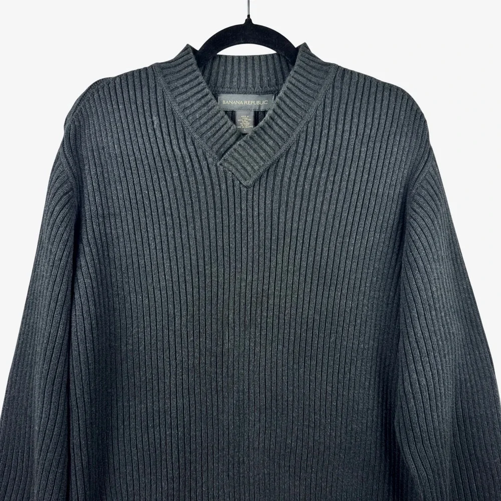 Banana‎ Republic Sweater Mens Large Gray Ribbed Cotton V-Neck Pullover Classic